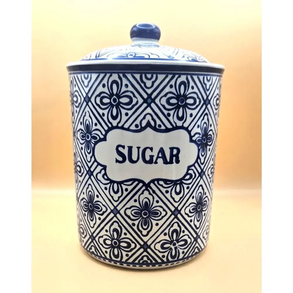 Classic Style White & Blue Floral Sugar Container with Lid Pre-Loved